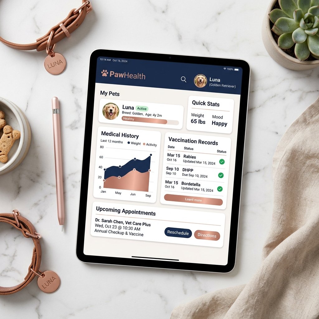 Portal de salud digital de P&H Clinical en tablet mostrando historial completo de mascota